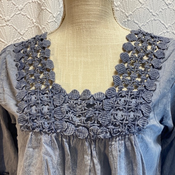 Noelle size s/m Blue Crochet lace neckline hem and sleeves 100% cotton - Picture 7 of 14